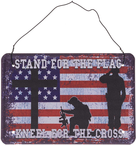 Stand For The Flag Kneel For The Cross American Flag Metal Post Card - Wall Hanging Vintage Postcards USA - Patriotic Thank You Post Card For Fallen Soldiers