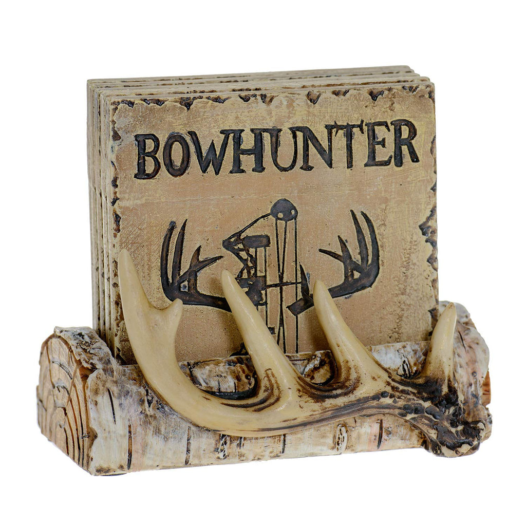 Pine Ridge Home Antler Wood Log Coaster Set with Holder - Bow Hunter Country Absorbent Coaster Decor - Cabin Lodge Home Decor for Hunter Men - Man Cave Coasters Rustic Wood Home Decor Accent