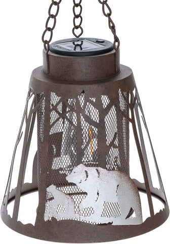 Bear LED Lantern Lights Decorative - Metal Round Holder Hanging Lantern for Indoor Outdoor by Pine Ridge | Flameless Lodge Night Light Cabin Decor | Halloween and Christmas