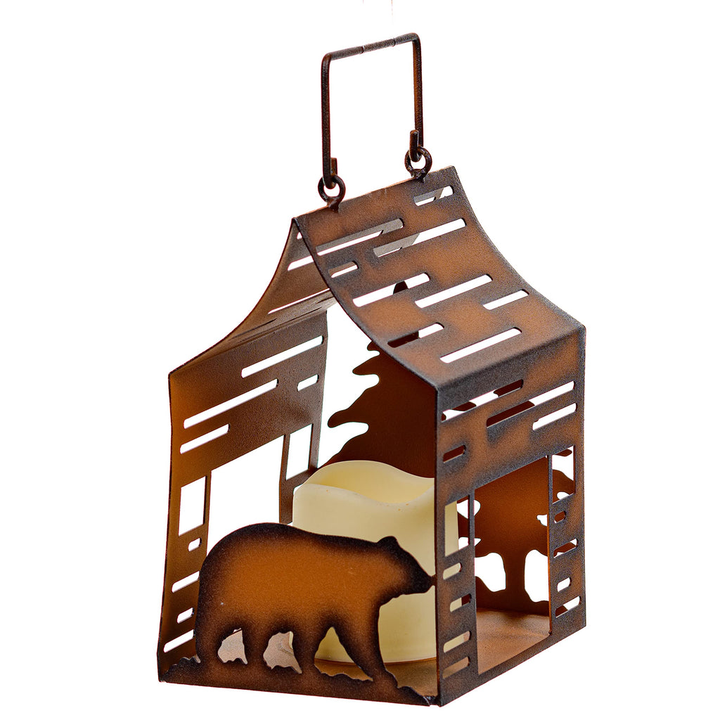 METAL CABIN SHAPED LANTERN (BEAR SCENE)