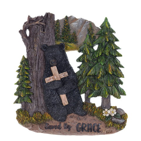 Pine Ridge Black Bear Saved By Grace Wall Art Plaque with Easel, Bear Hugging A Cross Tabletop Home Decor, Rustic Wildlife Cabin Hunting Ready to Hang Office Desk Decor