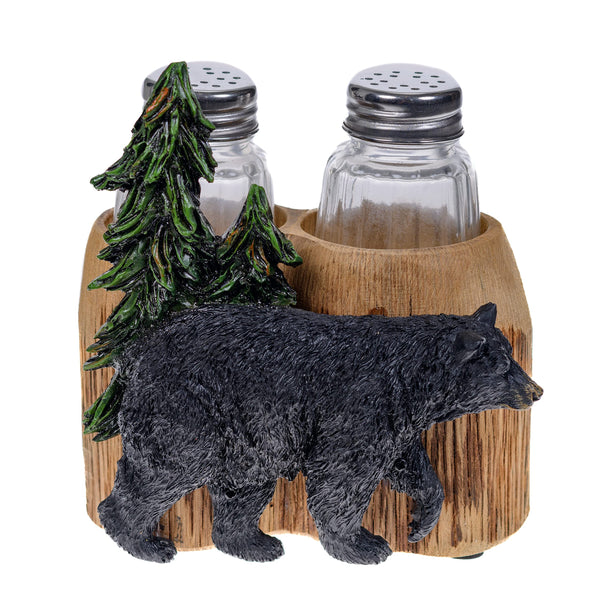 Pine Ridge Black Bear And Pines Salt And Pepper Shaker - Two Glass Shakers, Black Bear And Pines Holder Caddy For Spices And Seasonings, For Kitchen, Dining Or Table Decor