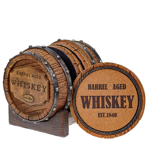 WHISKEY BARREL DRINK COASTER WITH HOLDER - BARREL AGED WHISKEY