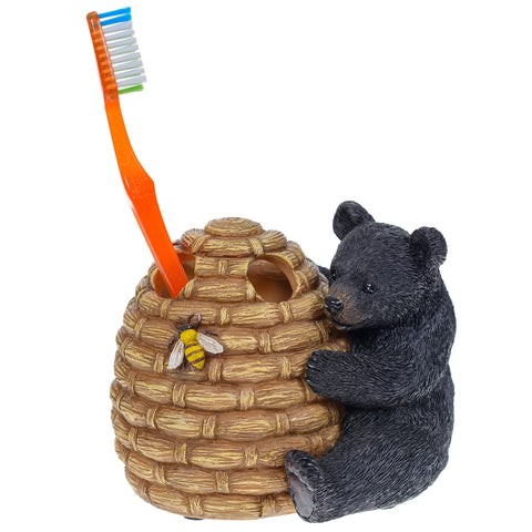 Pine Ridge Black Bear Beehive Toothbrush Holder, Shower Caddy For Family, Kids, Couple 2 Slot, Countertop Sink Vanity with Anti-Slip Base and Drainage, Bathroom Organizer