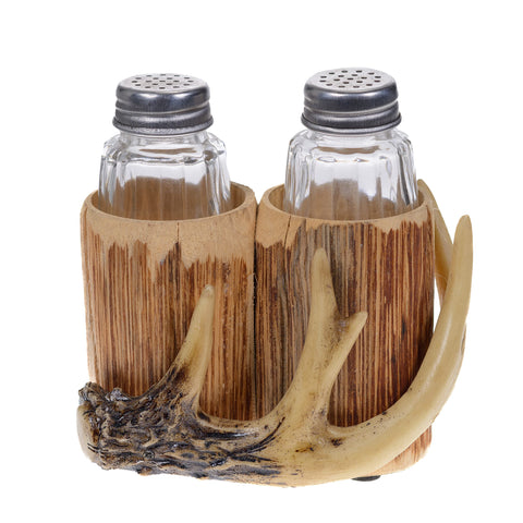 Pine Ridge Deer Antler Salt And Pepper Shaker Set- Antler and Wood Caddy For Spices And Seasonings For Kitchen, Dining Or Table Decor, Refillable Spice Containers