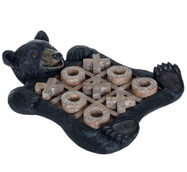 Pine Ridge Black Bear Tic Tac Toe Tabletop Game - Tic Tac Toe Decorative Game Teddy Bear Black Rustic Wilderness Home Decor - Indoor Recreational Games Black Bear Decor