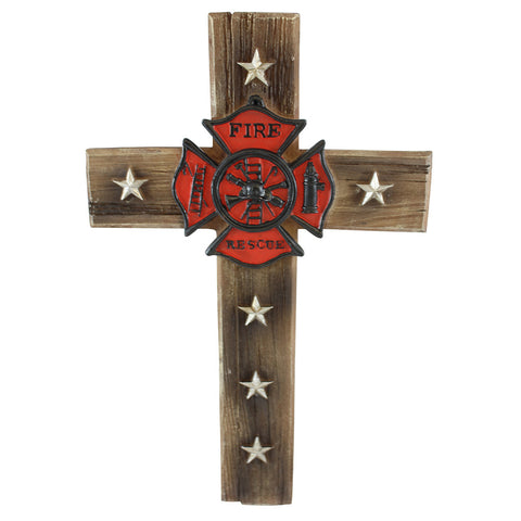 Magnificent Fireman Fire and Rescue Wood Look Wall Cross with Star Accents and Fire Shield