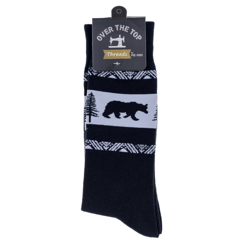 Pine Ridge Black Bear and Pine Tree Socks - Animal Print Crew Socks for Men and Women - Lightweight and Comfortable Fit Fashion Socks (Black and Gray)