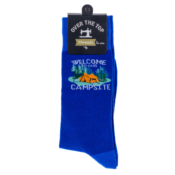 Pine Ridge Welcome to Our Campsite Socks - Crew Socks for Men and Women - Lightweight and Comfortable Fit Fashion Socks (Blue)