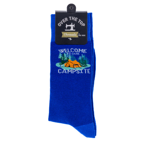 Pine Ridge Welcome to Our Campsite Socks - Crew Socks for Men and Women - Lightweight and Comfortable Fit Fashion Socks (Blue)