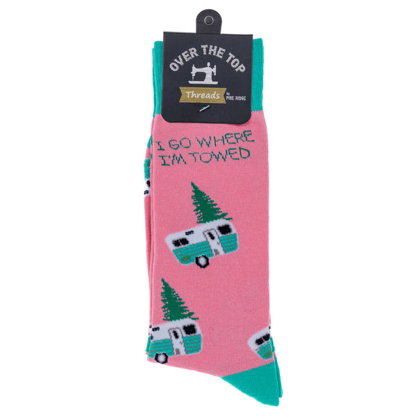 Pine Ridge I Go Where I am Towed Socks - Camper Crew Socks for Men and Women - Lightweight and Comfortable Fit Fashion Socks (Pink)