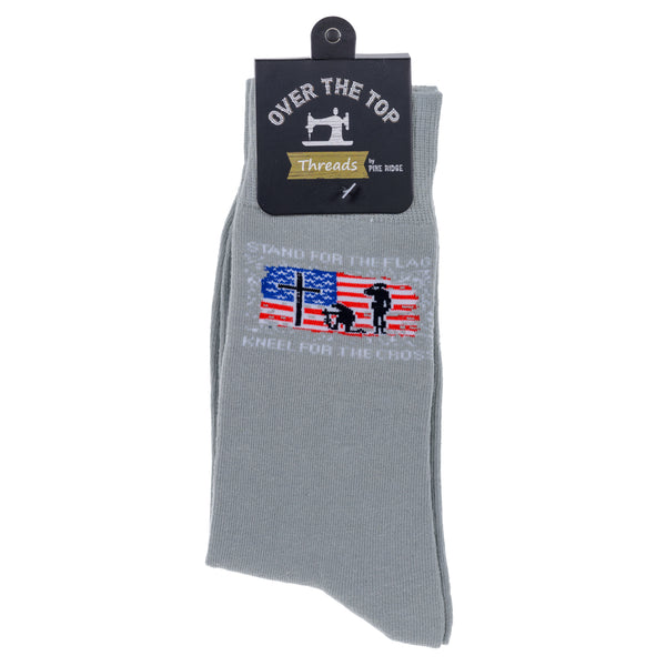 Pine Ridge Stand for the Flag Kneel for the Cross Socks - Soldier and US Flag Crew Socks for Men and Women - Lightweight and Comfortable Fit Fashion Socks (Gray)