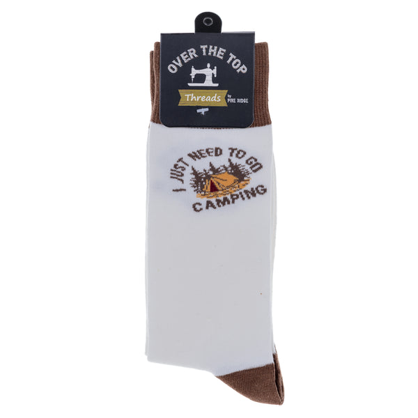 Pine Ridge I Just Need to Go Camping Socks - Camper Crew Socks for Men and Women - Lightweight and Comfortable Fit Fashion Socks (White and Brown)