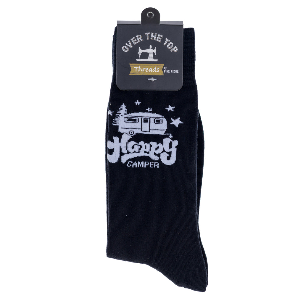 Pine Ridge Happy Camper Socks - Black Plain Crew Socks for Men and Women - Lightweight and Comfortable Fit Fashion Socks